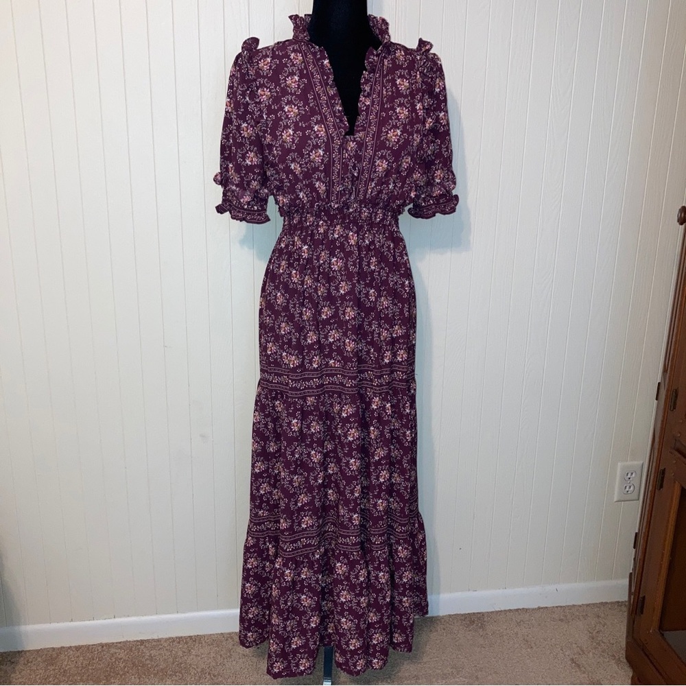 Max Studio Burgandy Ruffle Collar Tiered Maxi Dress